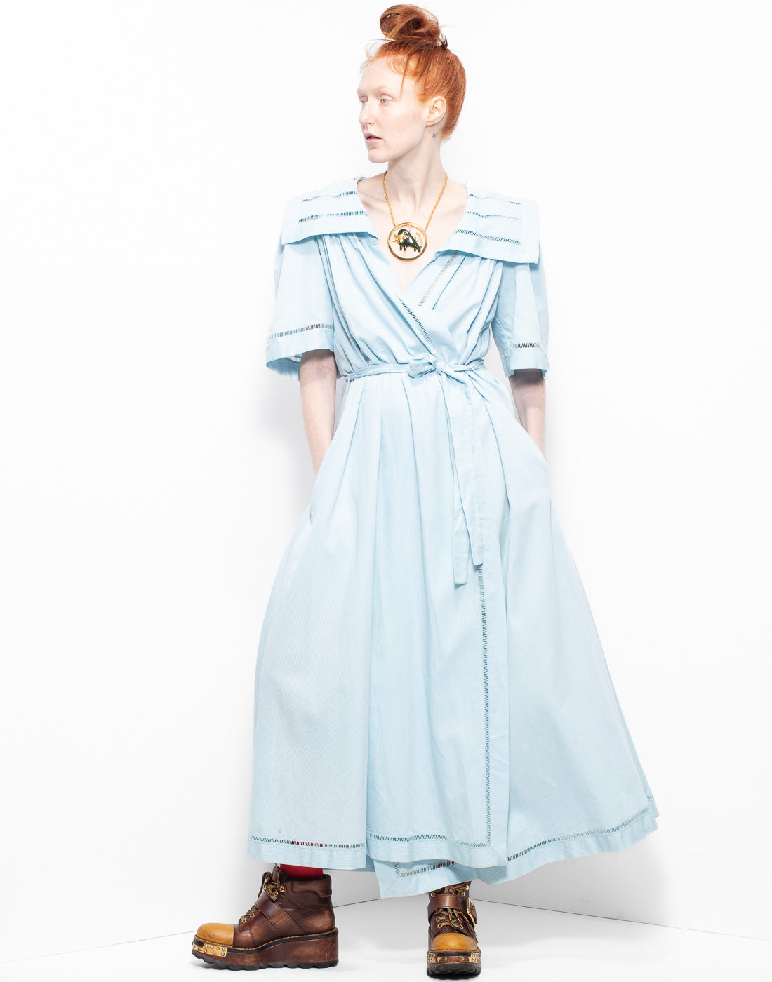 Vintage Valentino baby blue long dress with details on wide collar