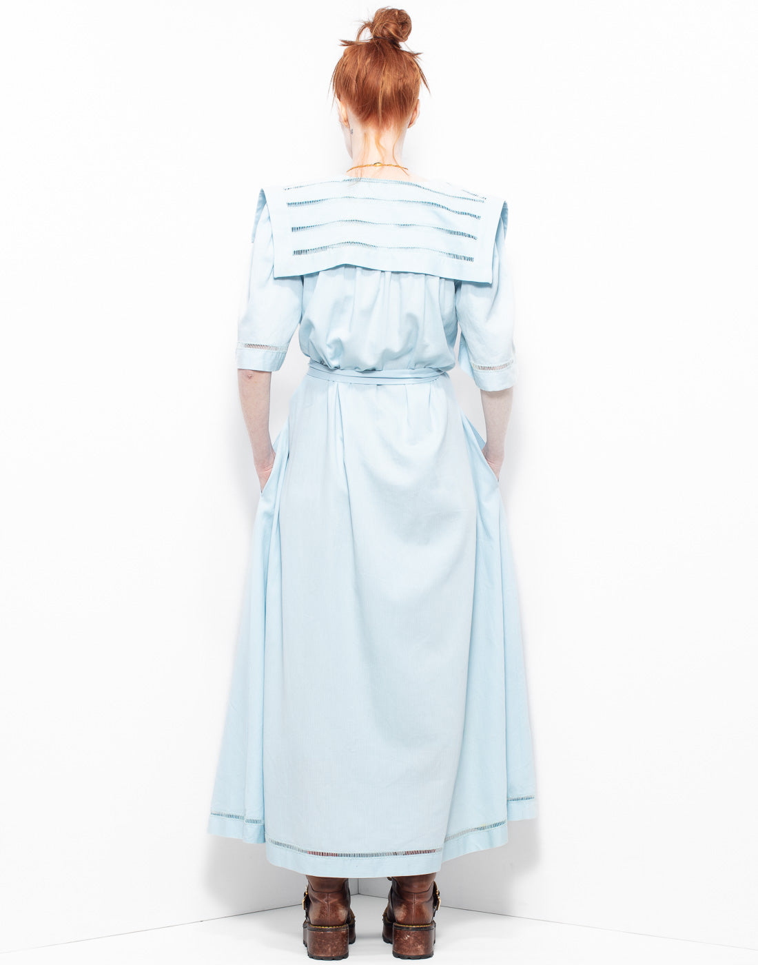 Vintage Valentino baby blue long dress with details on wide collar