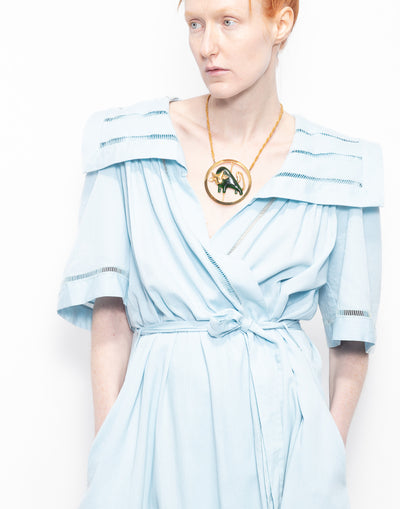 Vintage Valentino baby blue long dress with details on wide collar