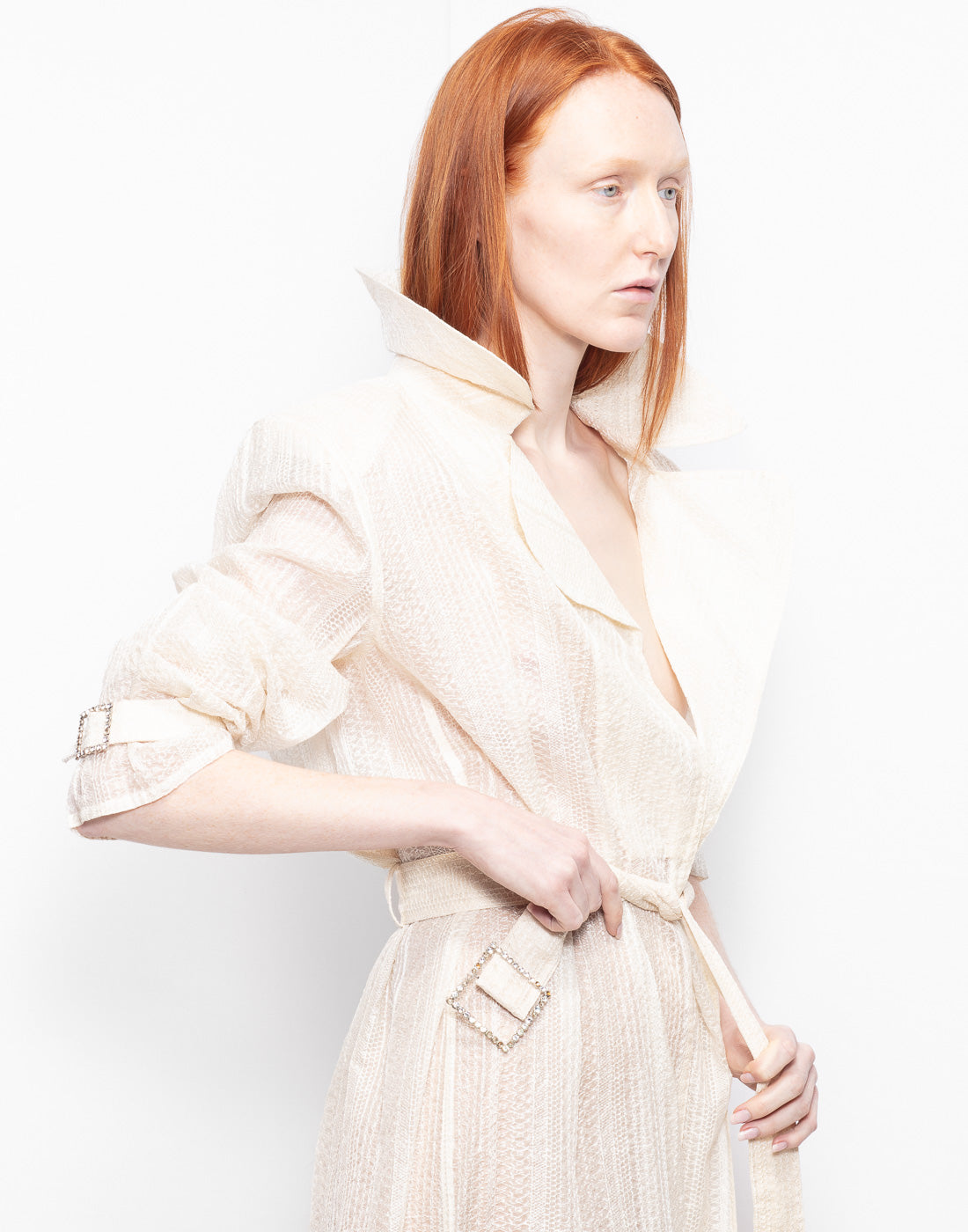 Cream lace trench coat from Andrè Laug archives