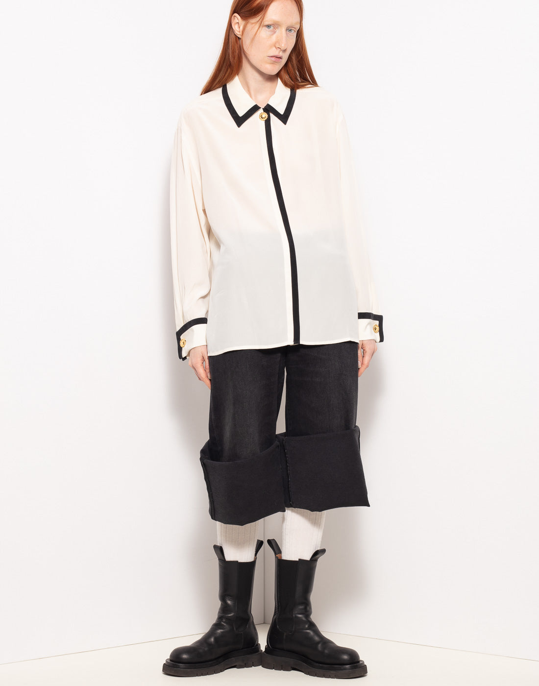 Vintage Celine silk blouse with contrasting bord and statement buttons