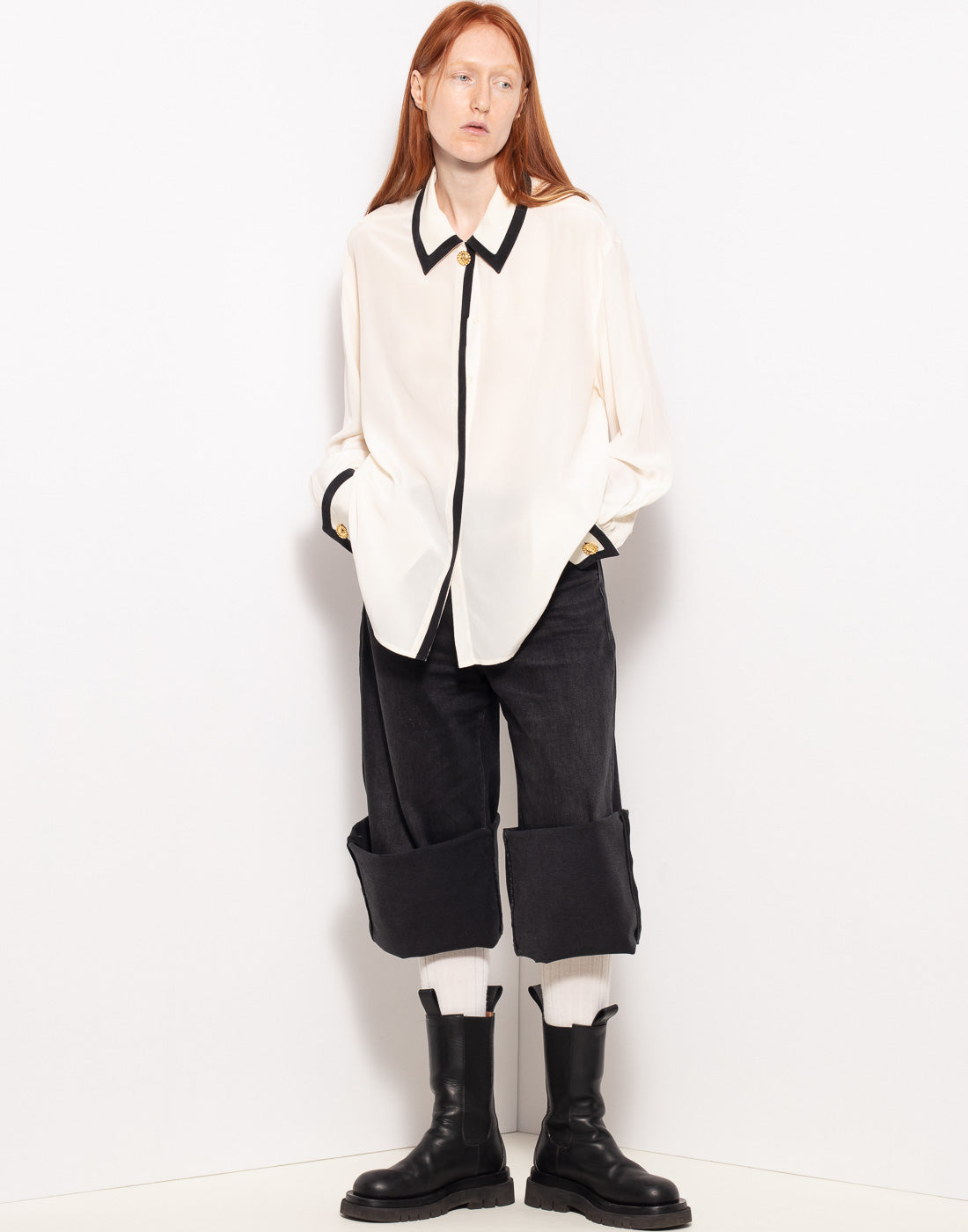 Vintage Celine silk blouse with contrasting bord and statement buttons