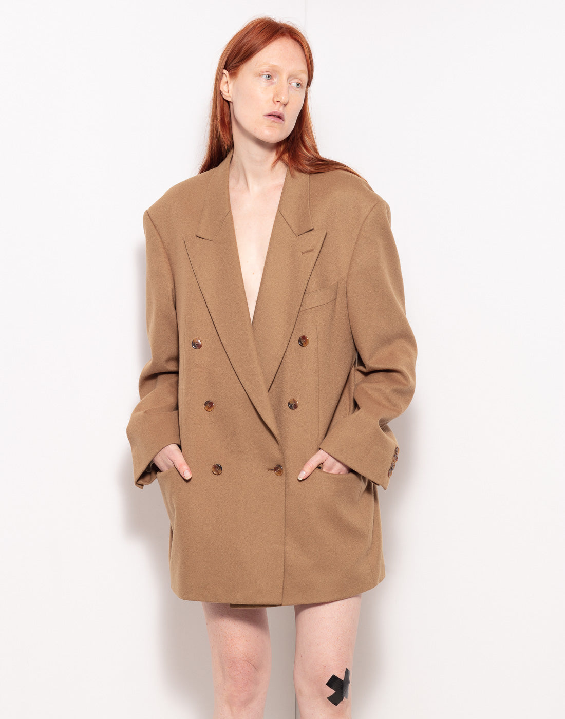 Vintage double breast oversized wool jacket in camel color