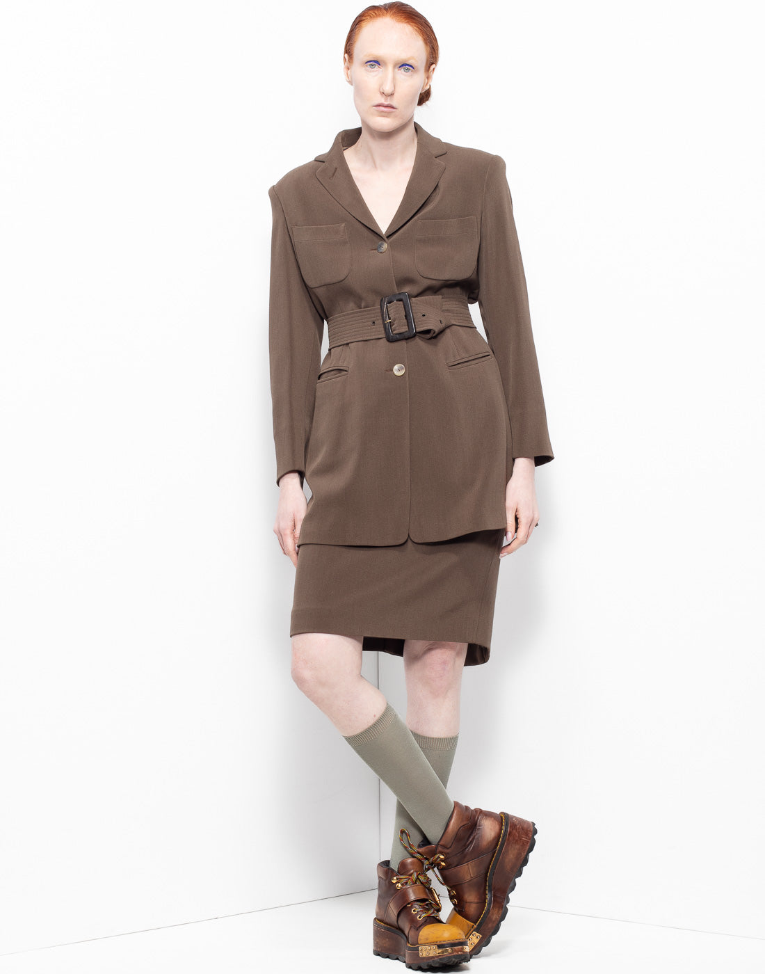 Greenish/brown military skirt suit from Jil Sander archives