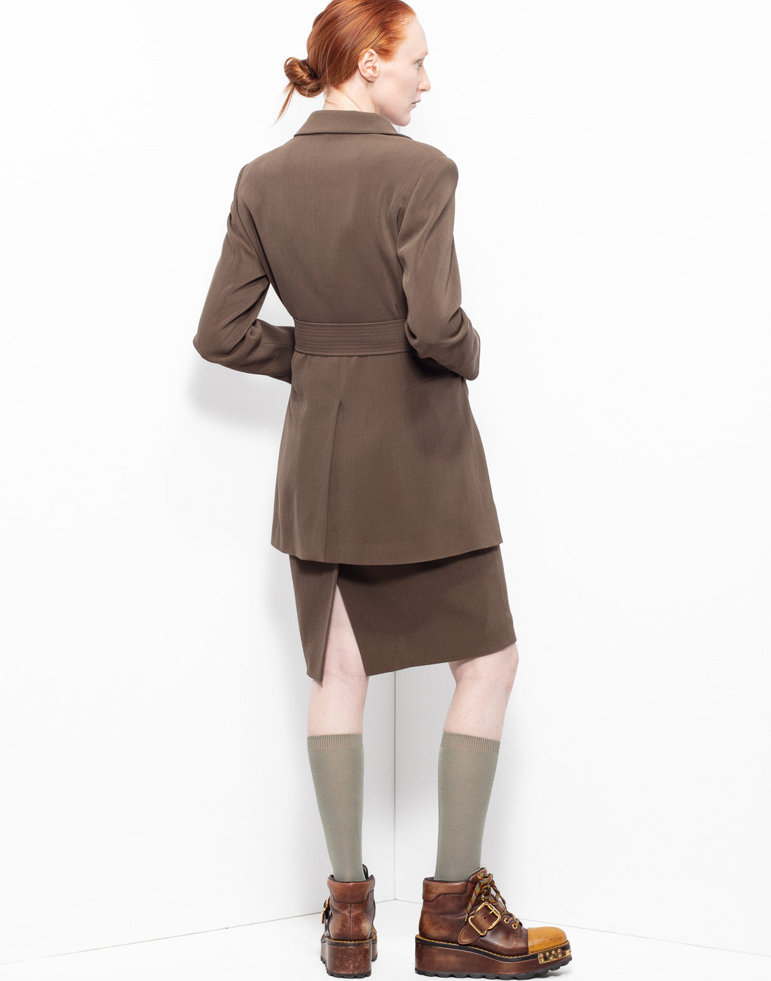 Greenish/brown military skirt suit from Jil Sander archives