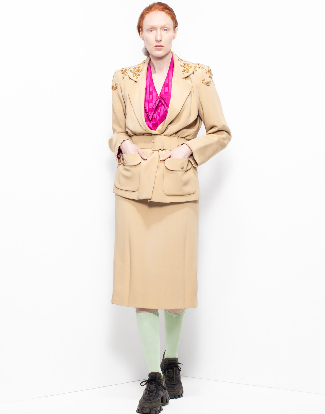 Archive beige blazer + skirt suit with beaded floral embellishments from André Laug