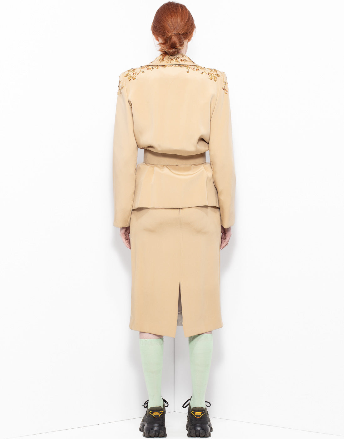 Archive beige blazer + skirt suit with beaded floral embellishments from André Laug