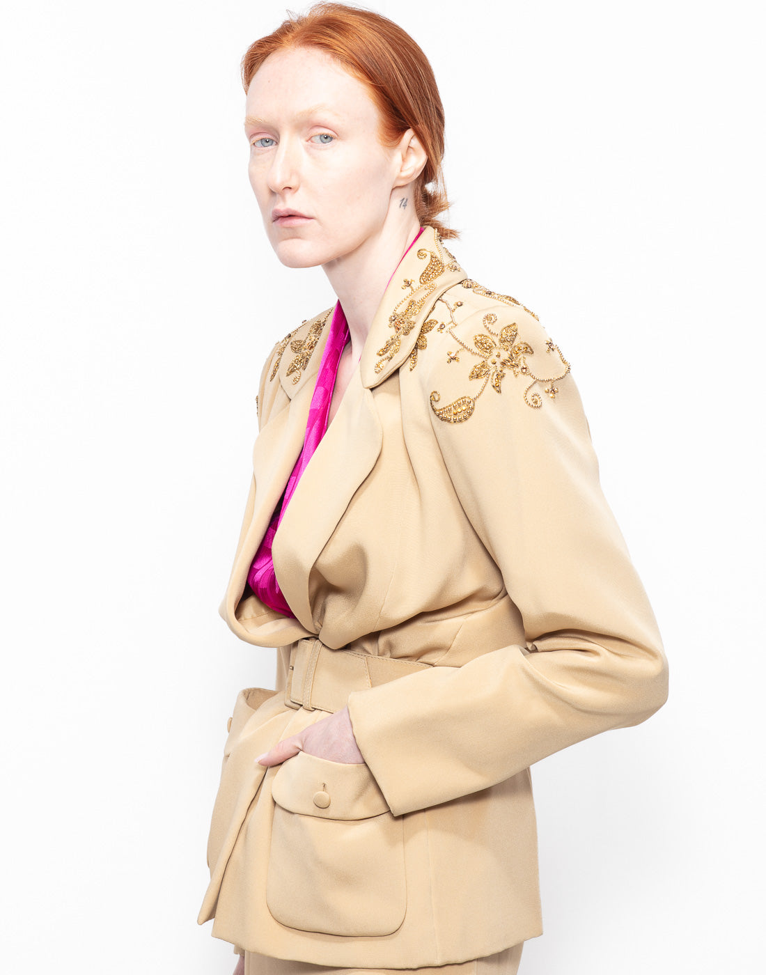 Archive beige blazer + skirt suit with beaded floral embellishments from André Laug