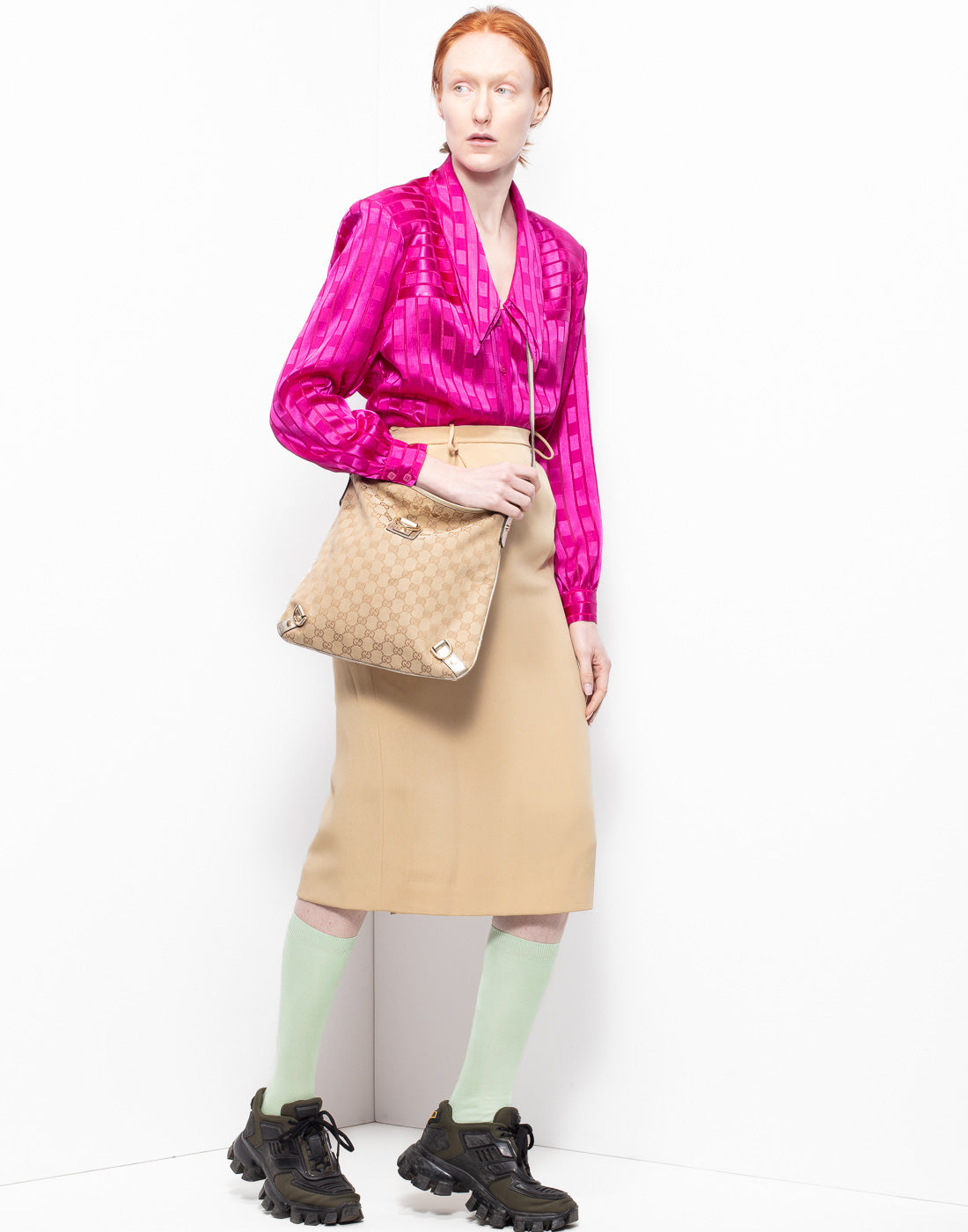 Archive beige blazer + skirt suit with beaded floral embellishments from André Laug