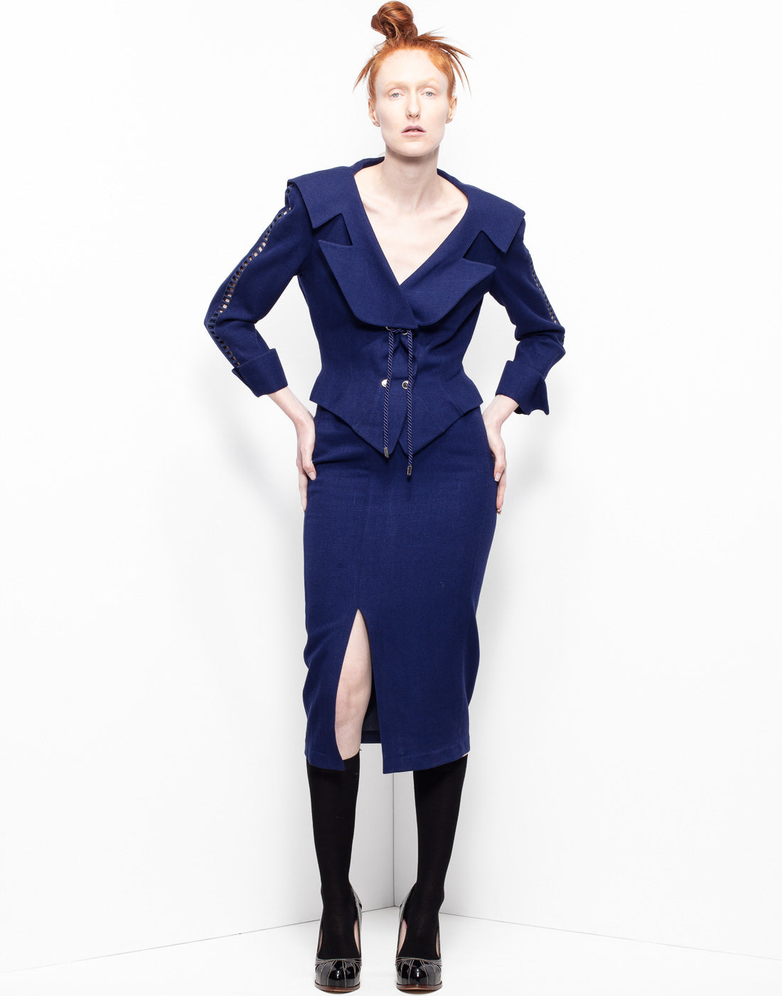 Archive Mugler blue structured seamless pencil skirt + jacket suit