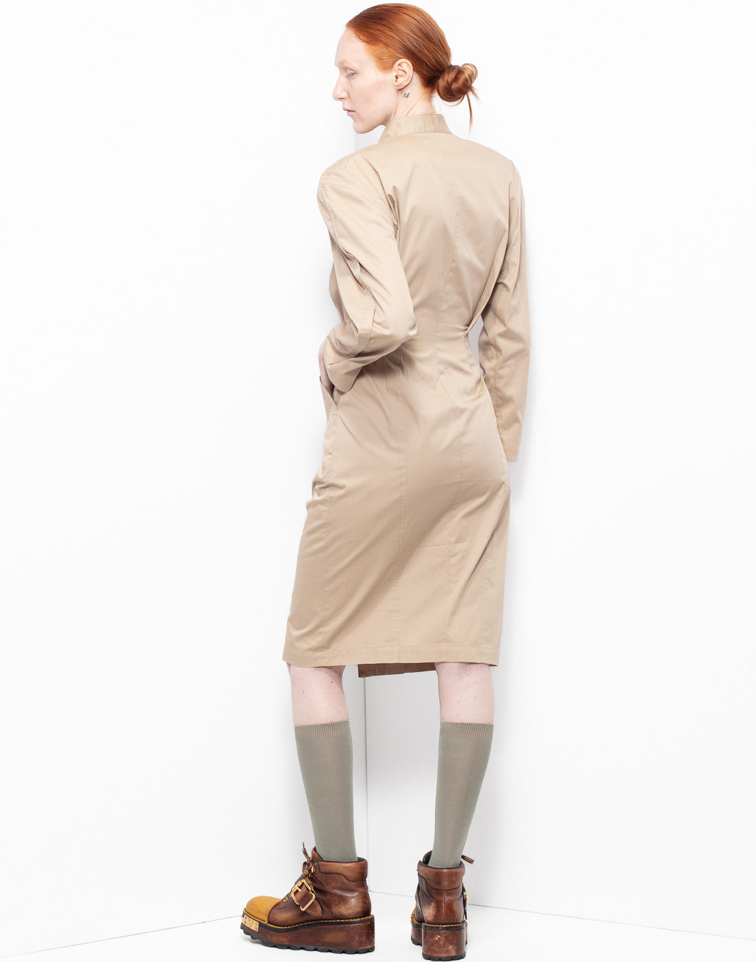 Iconic camel-colored high-neck mid lenght dress from Thierry Mugler archives