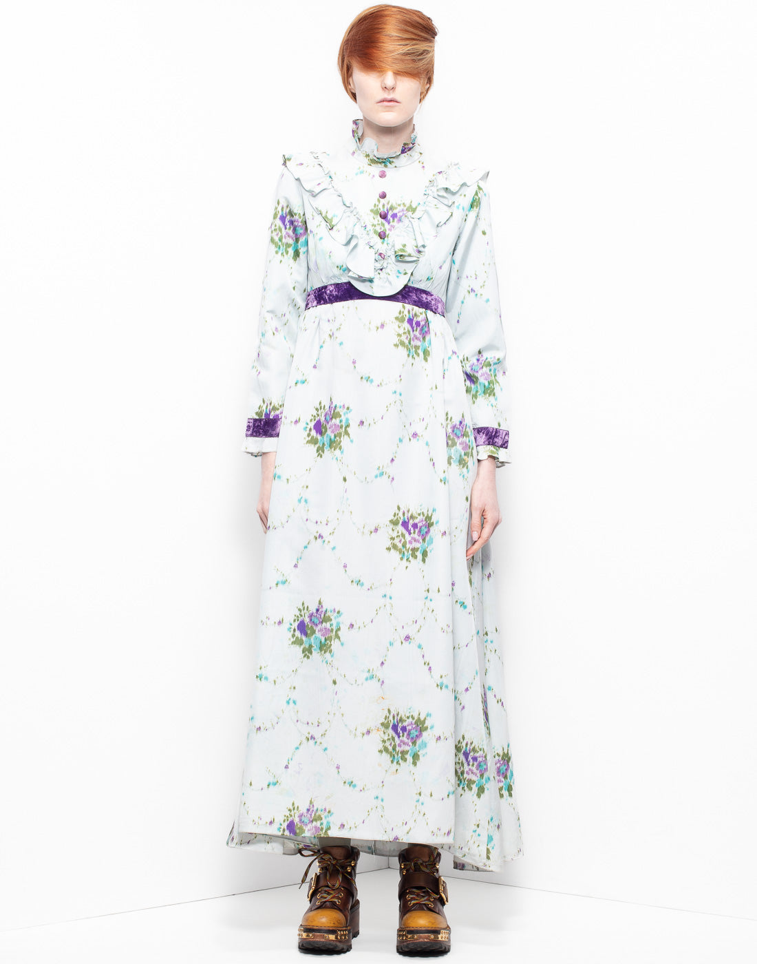 Victorian-style long dress with a floral fabric from ILGWU archives