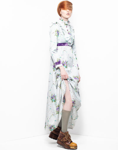 Victorian-style long dress with a floral fabric from ILGWU archives