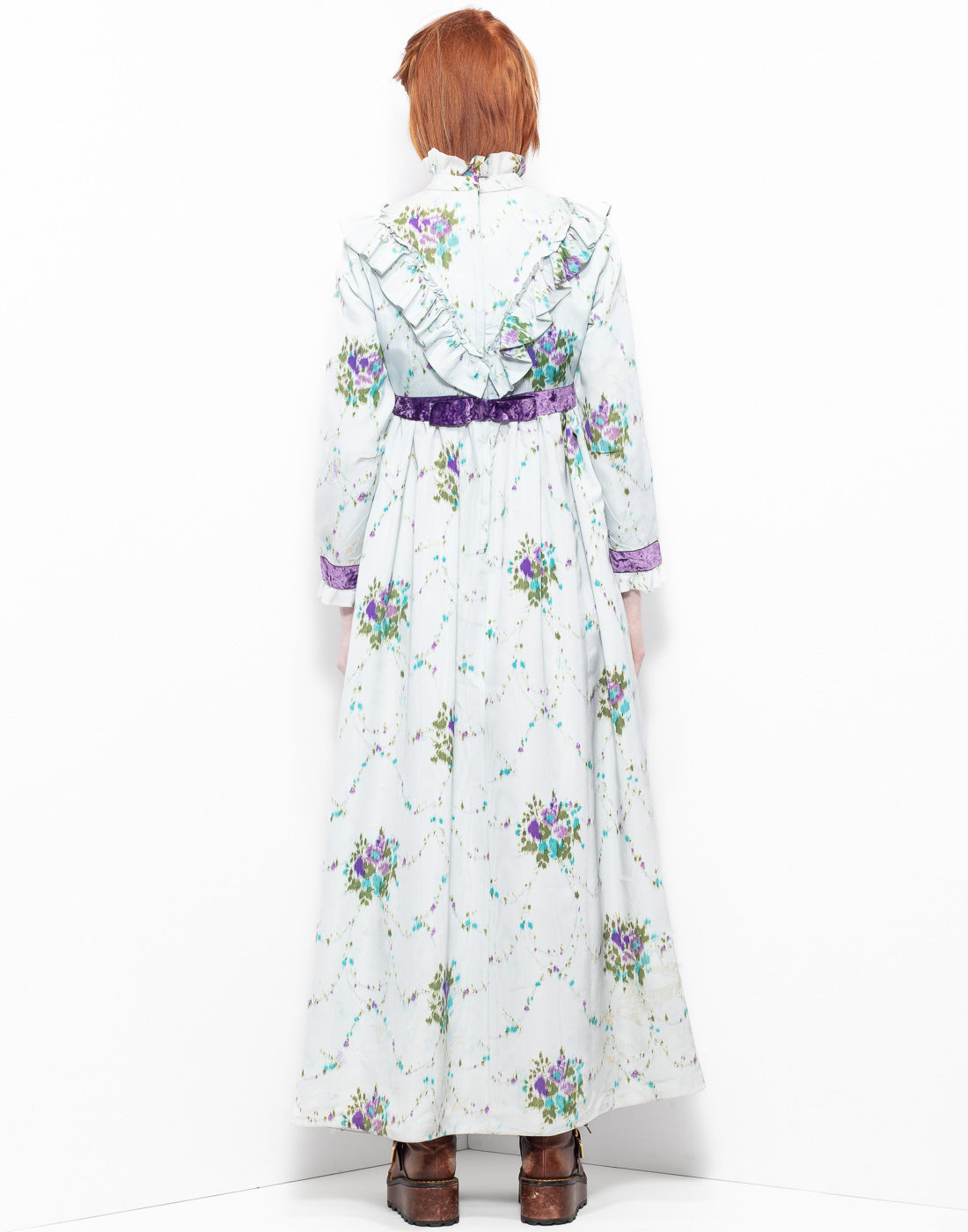 Victorian-style long dress with a floral fabric from ILGWU archives