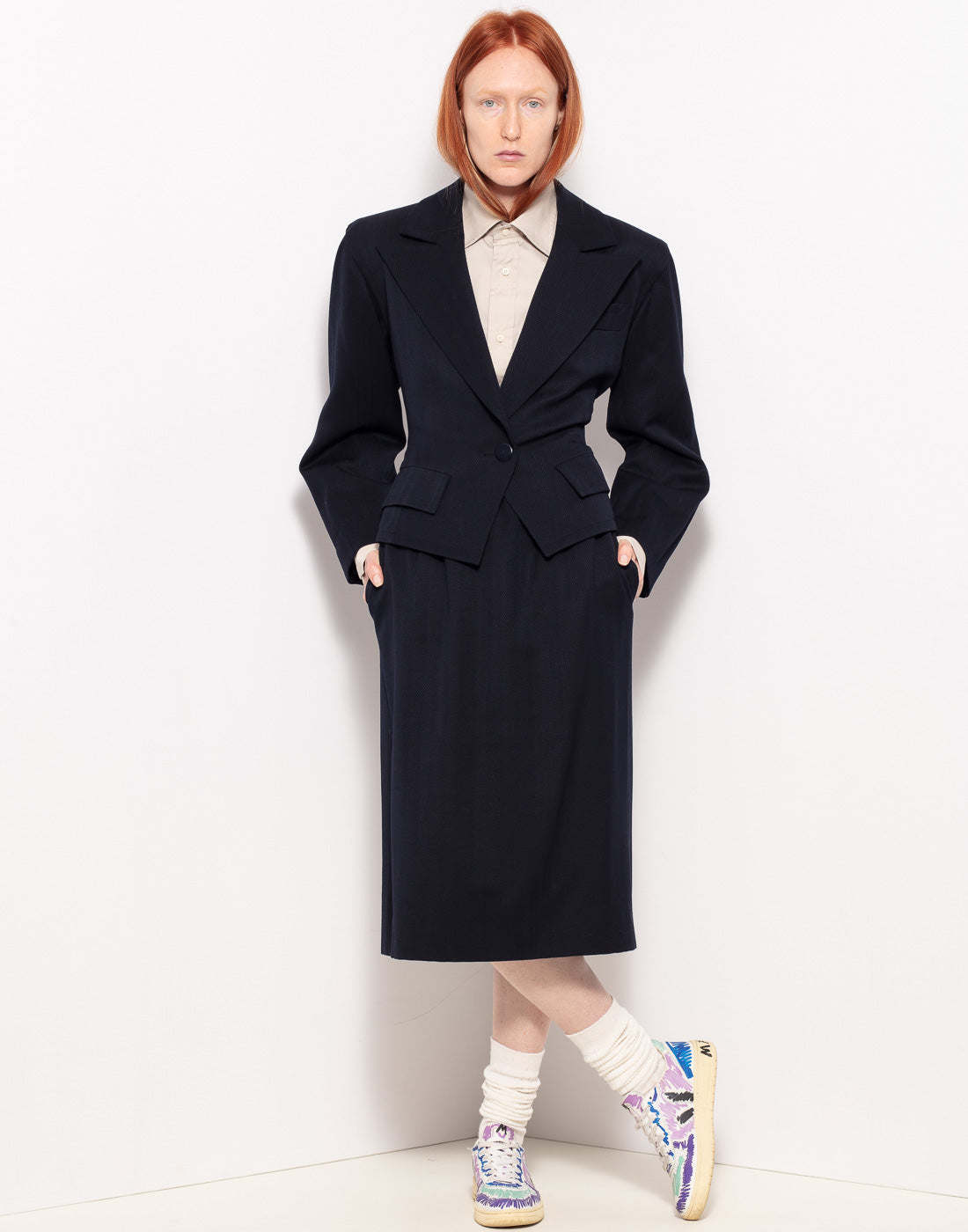 Vintage YSL suit with shorter wool blazer and longuette wool skirt