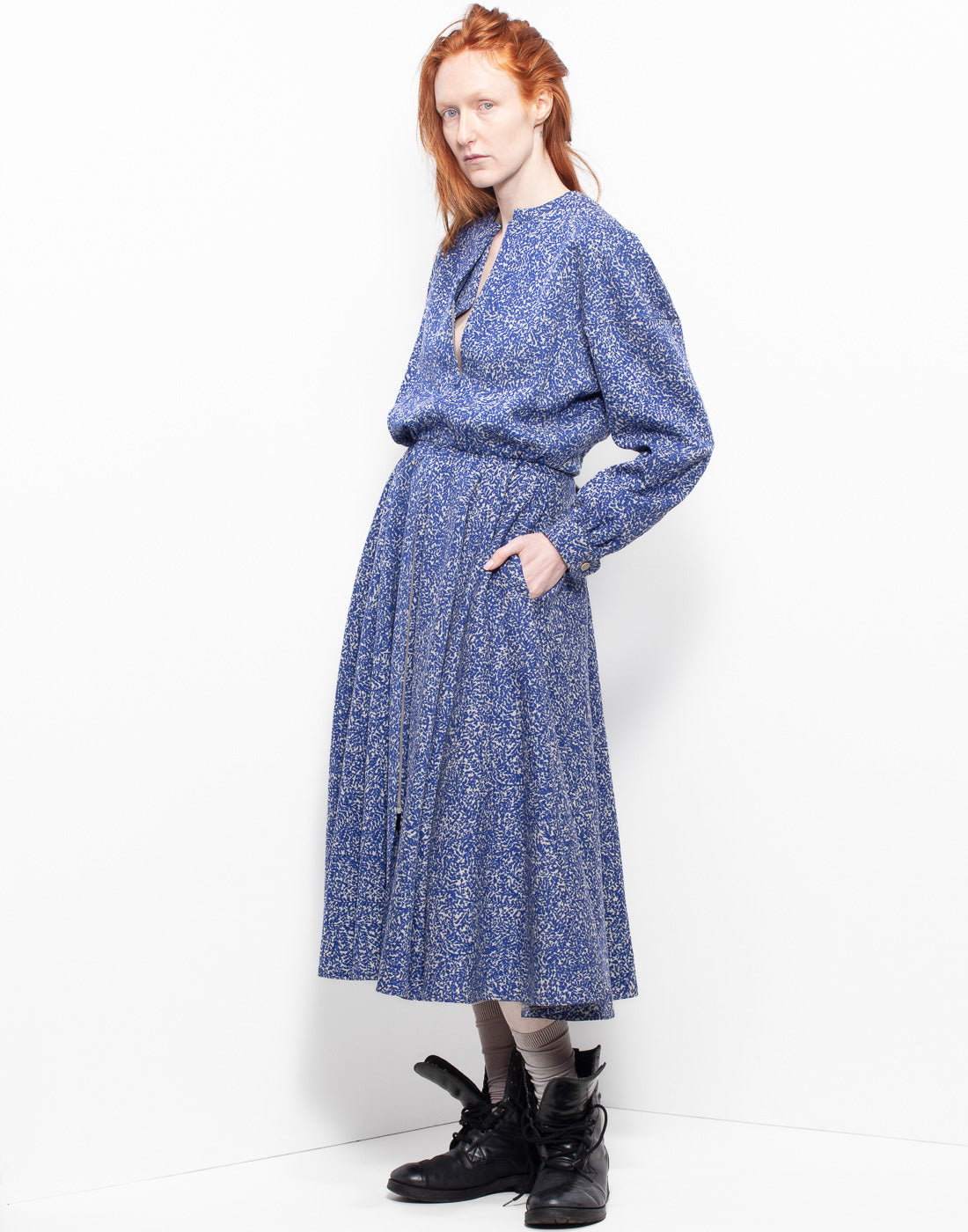 Vintage Erreuno (Armani) sweat-shirt type cotton dress with blue pattern and batwing sleeves.