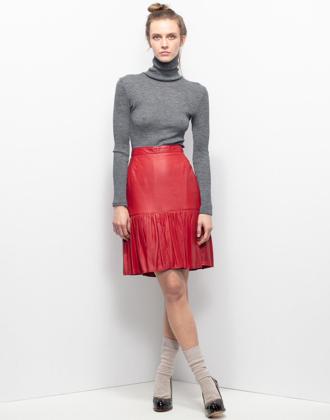 Red vintage leather skirt with bottom flounce