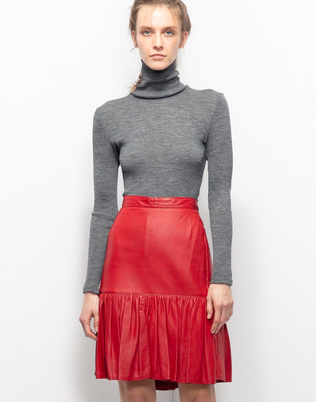Red vintage leather skirt with bottom flounce