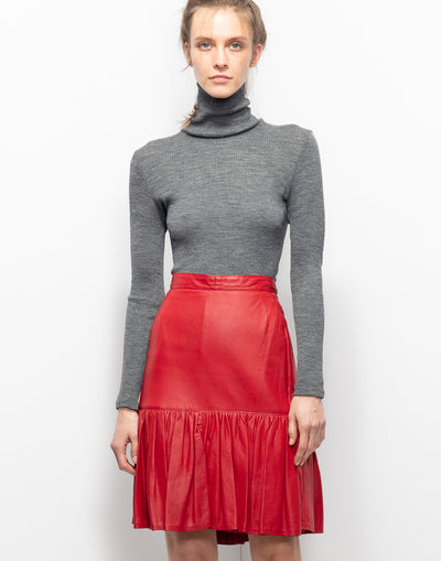 Red vintage leather skirt with bottom flounce