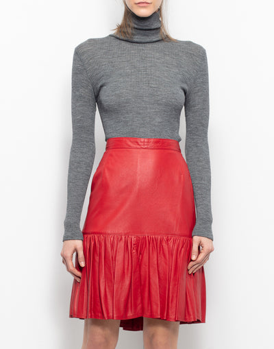 Red vintage leather skirt with bottom flounce