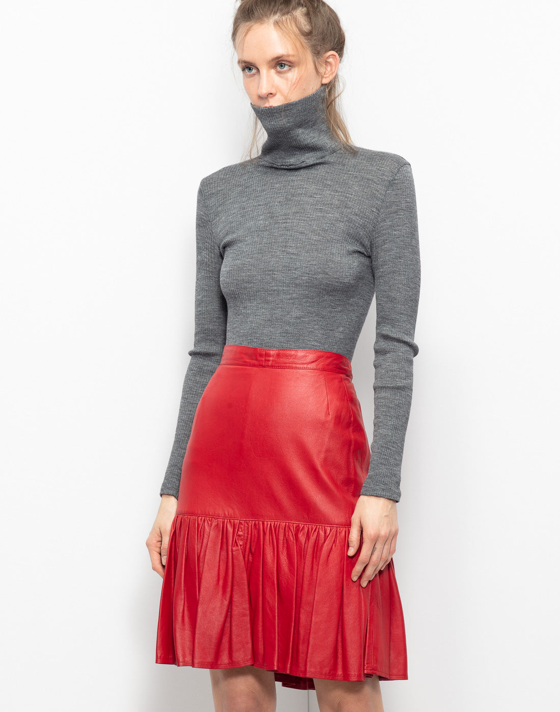 Red vintage leather skirt with bottom flounce