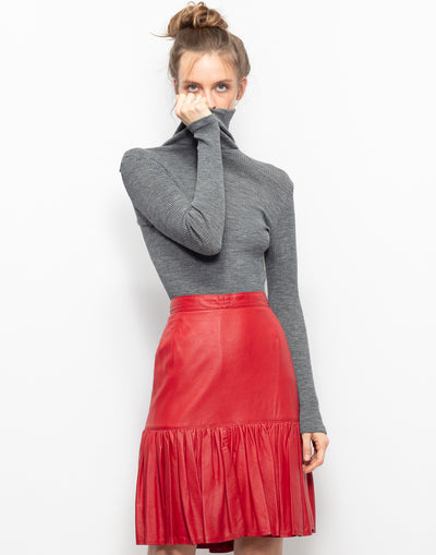 Red vintage leather skirt with bottom flounce
