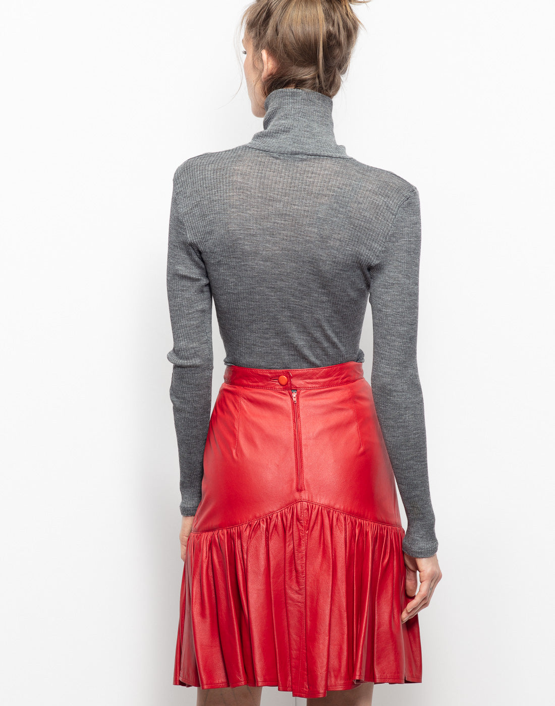 Red vintage leather skirt with bottom flounce