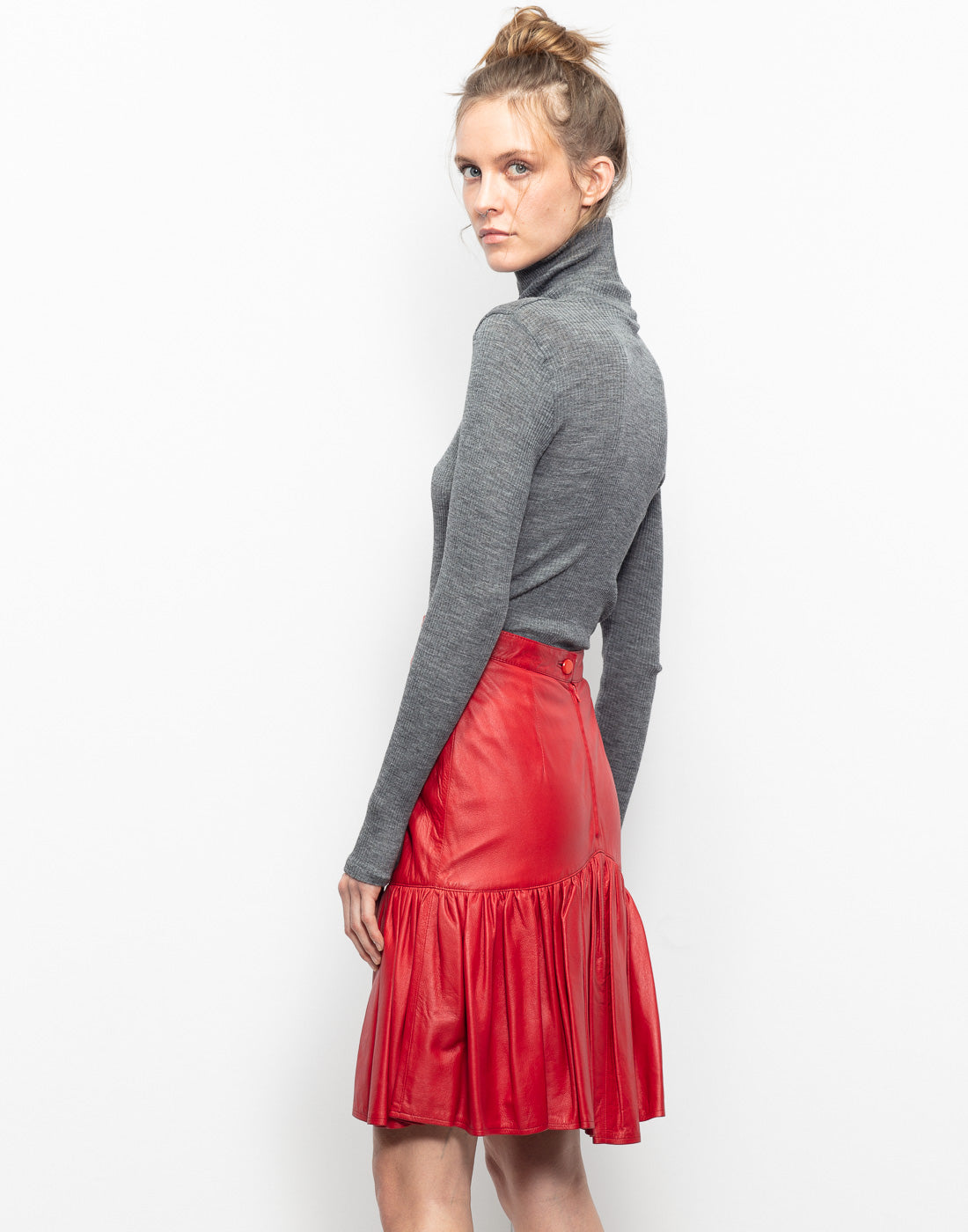 Red vintage leather skirt with bottom flounce
